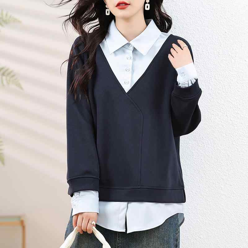 春 コーデ レディース ファッション オシャレ カワイイ シンプル きれいめ ナチュラル 上品カジュアル 婦人服 大きいサイズ フェイク ツーピース 長袖 セーター ゆったり スリミング トップス