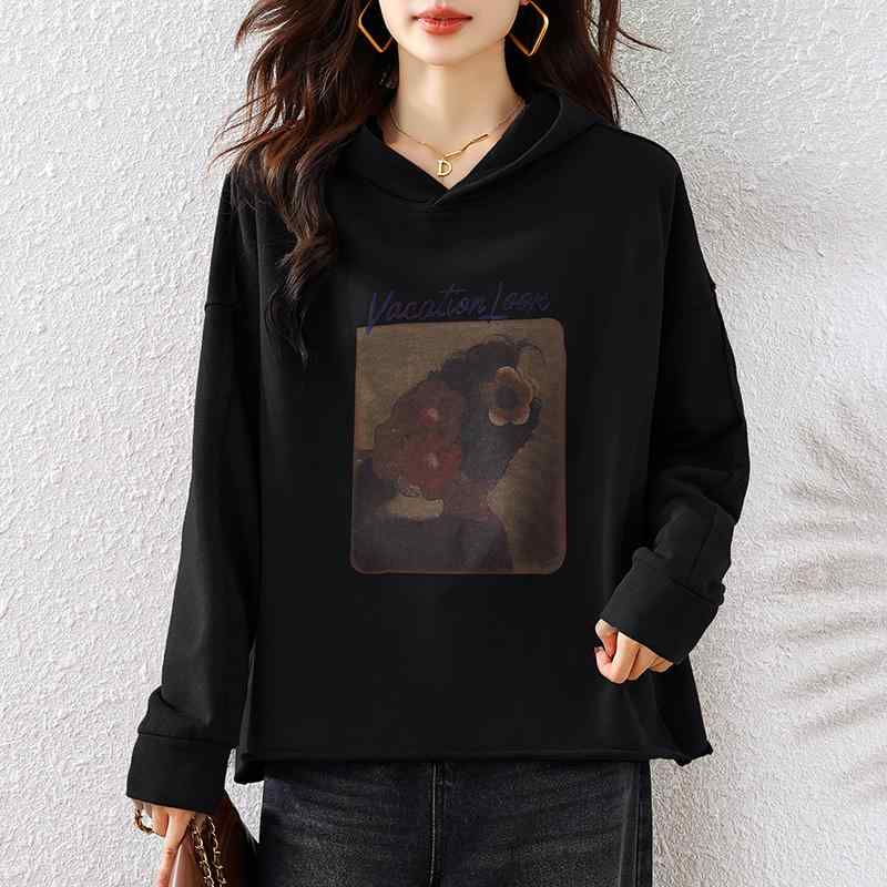 春 コーデ レディース ファッション オシャレ カワイイ シンプル きれいめ ナチュラル 上品カジュアル 婦人服 大きいサイズ クラシック プリント フード付き スウェットシャツ ゆったり 長袖 カジュアル トップス