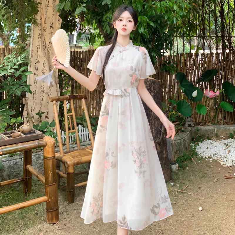 春 コーデ レディース ファッション オシャレ カワイイ シンプル きれいめ ナチュラル 上品カジュアル 婦人服 大きいサイズ 花柄 シフォン ドレス 夏 ウエスト スリム チャイナ ロング スカート