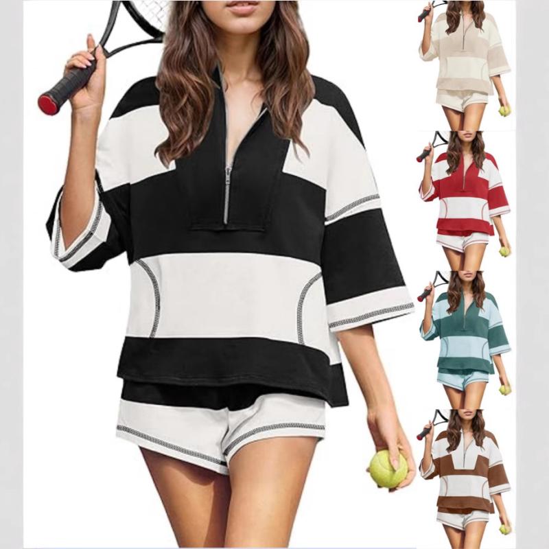 レディース トップス パンツ セット 夏 ストライプ 半袖 半袖 シャツ ハーフパンツ ショートパン ゆるシルエット ストライプ カジュアル スポーツ ウェア レジャー 普段使い 軽量 通勤ウェア 通学 アウトドア 伸縮性 ストレッチ