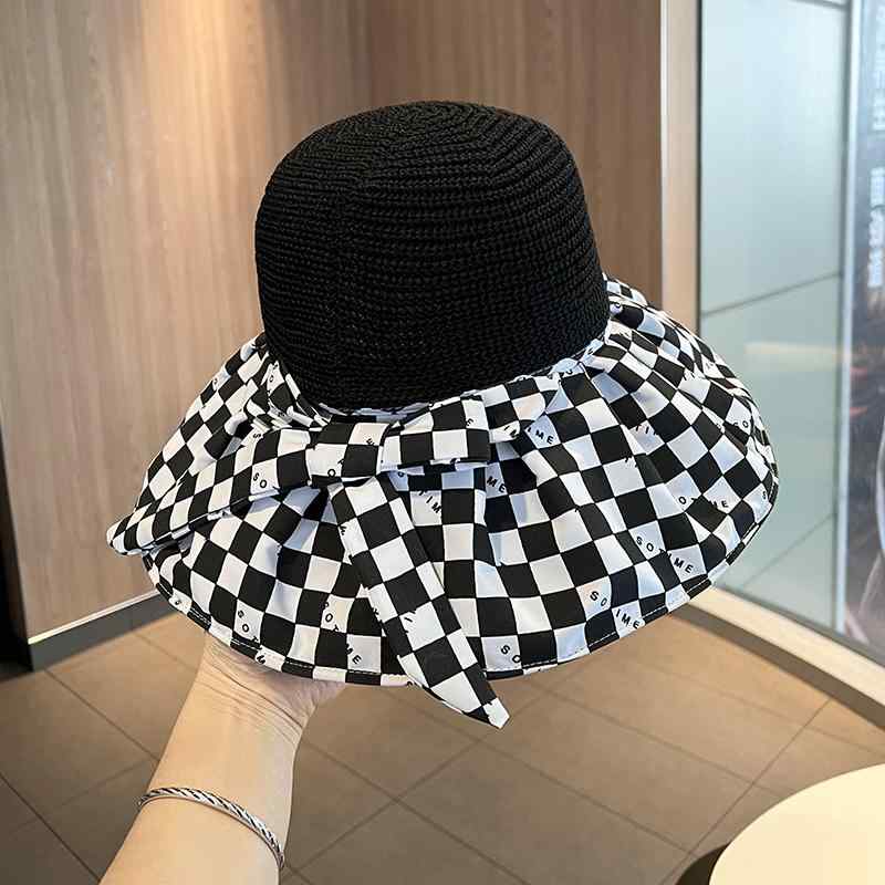 春 コーデ オシャレ 小物 アイテム レディース 女性用 チェッカーボード サンハット 通気性 フェイスカバー つば広 リボン 黒 バケットハット