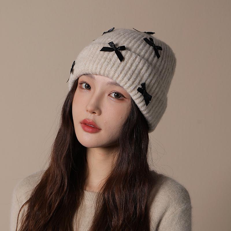 春 コーデ オシャレ 小物 アイテム レディース リボン ファー ニット帽 キャップ 女性用 秋 耳保護 ウール