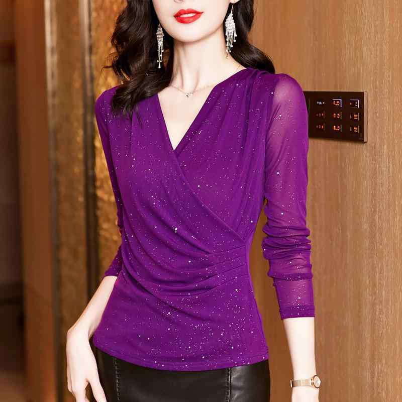 トップス レディース Vネック 長袖 Tシャツ 春秋 メラード クロス メッシュ レース インナー フィット シースルー レイヤード 薄手 伸縮性 ストレッチ 通勤ウェア 普段使い デート フェミニン カジュアル レイヤリング トップス