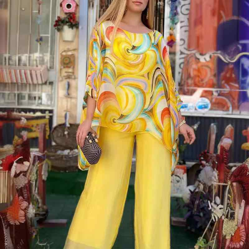 レディース トップス セット 夏 カラフル シフォン ロング セットアップ プリント 2点セット 透け感 軽量 涼しい フェミニン レイヤード コーデ デイリー フェス 旅行 ピンク ブルー グリーン