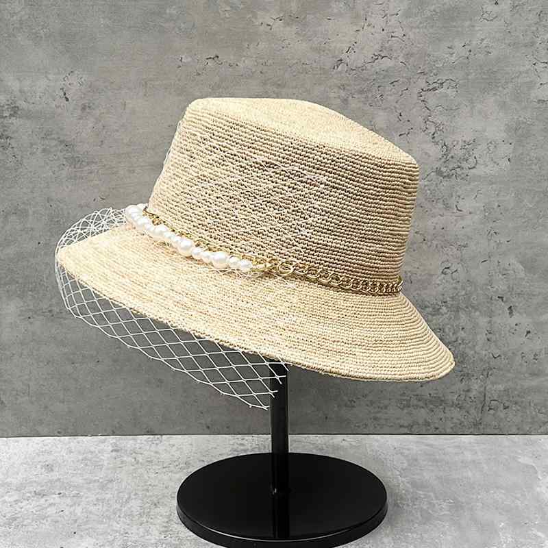 春 コーデ オシャレ 小物 アイテム レディース 女性用 フレンチ レトロ メッシュ パール サンハット ラフィア