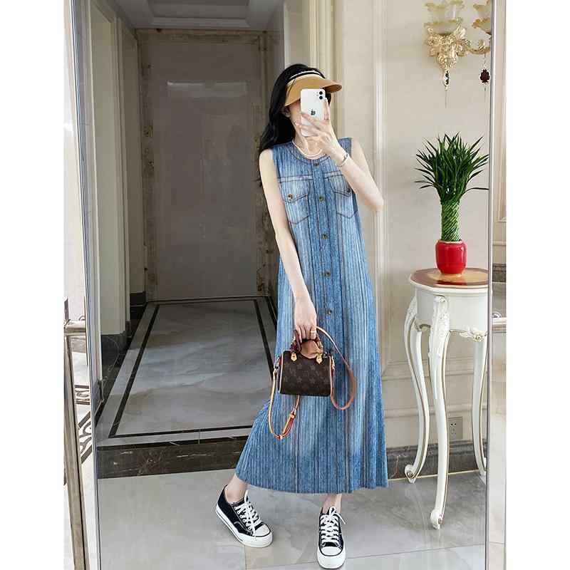春 コーデ レディース ファッション オシャレ カワイイ シンプル きれいめ ナチュラル 上品カジュアル 婦人服 プリーツ ドレス デニム クラシック ストレート ロング スカート スリム ベスト 夏 |リコット