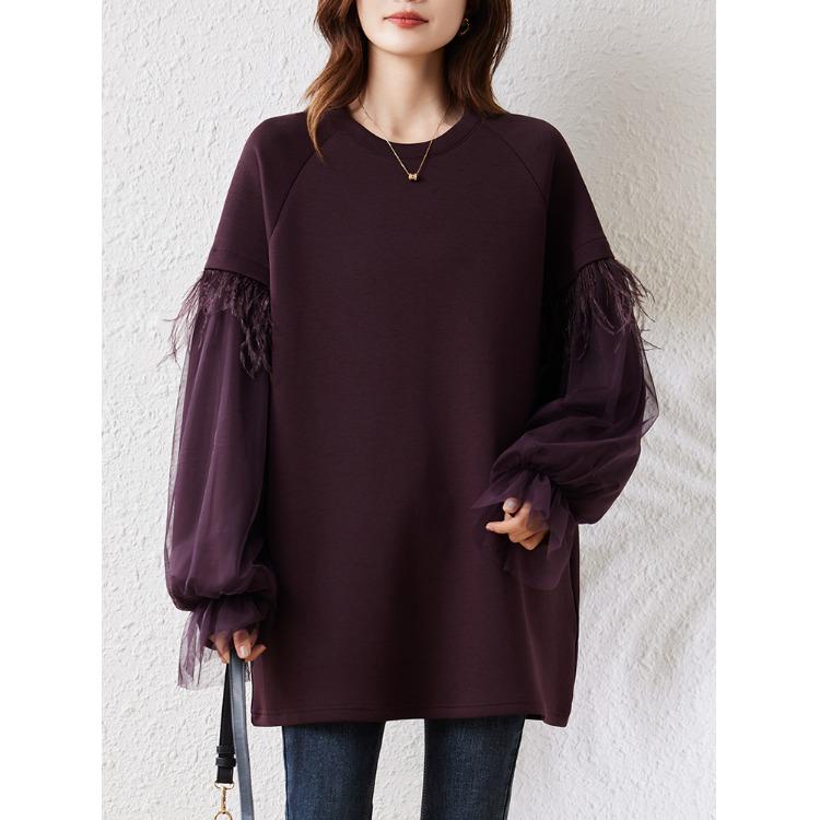春 コーデ レディース ファッション オシャレ カワイイ シンプル きれいめ ナチュラル 上品カジュアル 婦人服 メッシュ パープル スウェットシャツ 大きいサイズ ゆったり 長袖 トップス