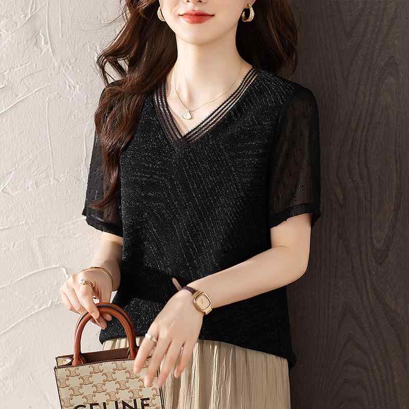春 コーデ レディース ファッション オシャレ カワイイ シンプル きれいめ ナチュラル 上品カジュアル 婦人服 夏 Vネック レース 半袖 Tシャツ 大きいサイズ スリム ゆったり トップス