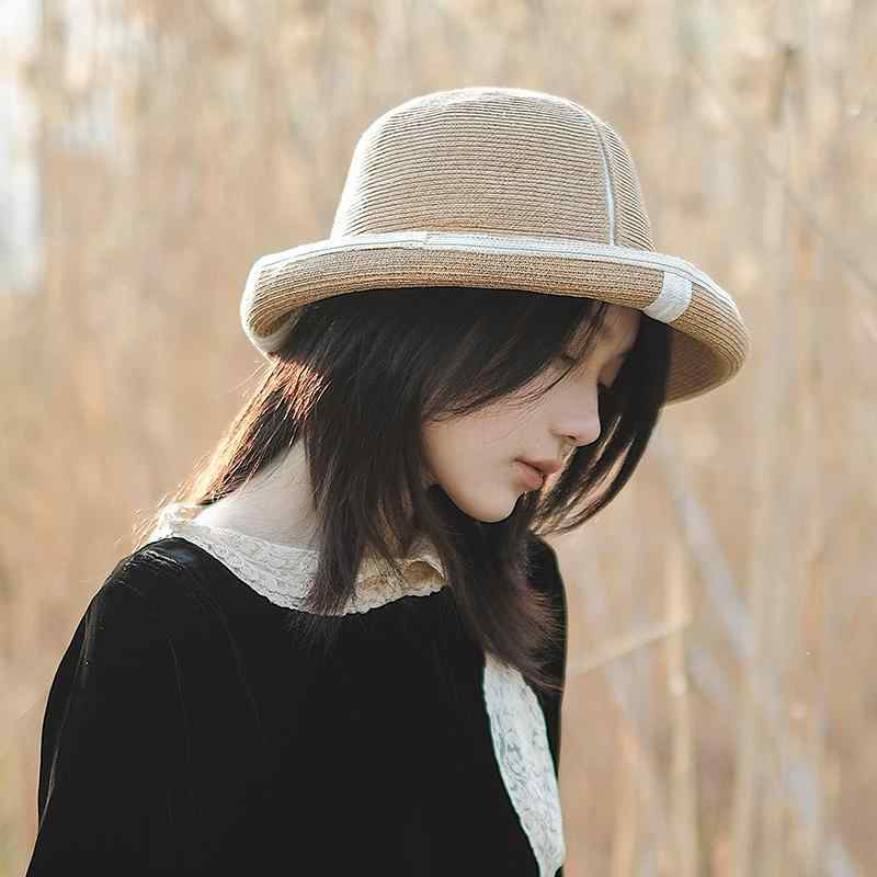 春 コーデ オシャレ 小物 アイテム レディース シンプル　幾何学　ライン　つば広　ロールエッジ　麦わら帽子　夏