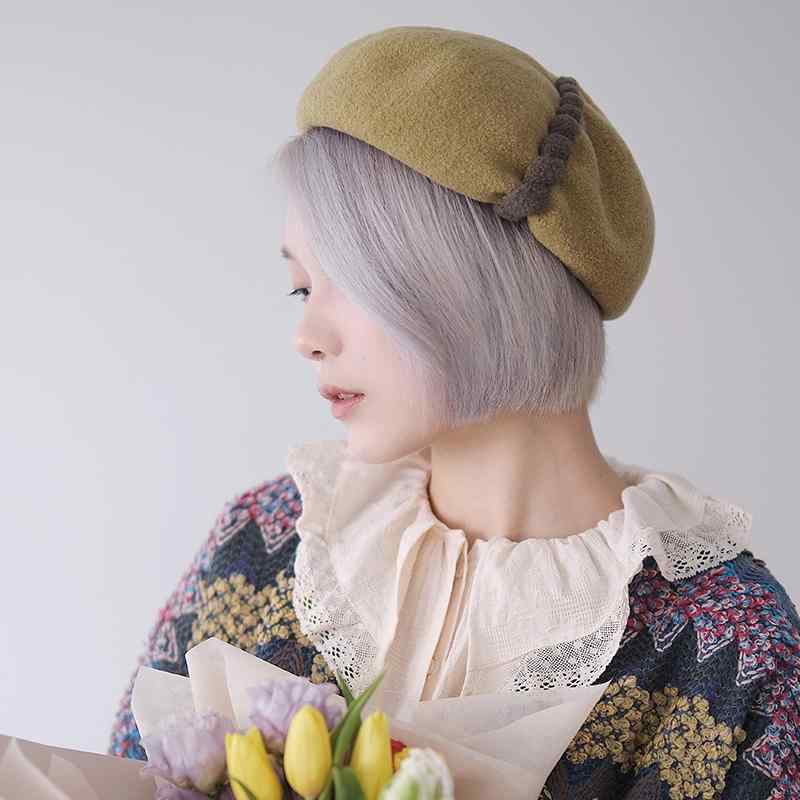 春 コーデ オシャレ 小物 アイテム レディース 花びら　プリーツ　ウール　ベレー帽　　イエロー　グリーン　ライト　グレー　ピンク　ブラウン