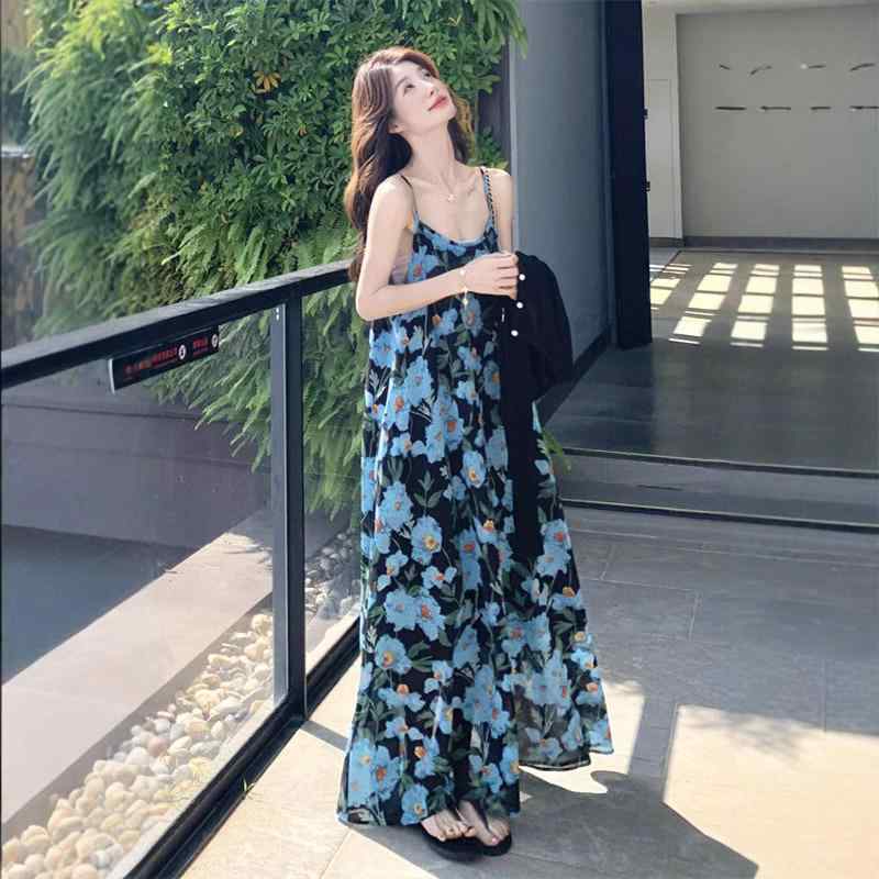 ワンピース レディース 夏 ブルー 小花柄 ロング スカート 海辺 バカンス ビーチ スカート 旅行 かわいい リゾート ドレス マキシドレス 花柄ドレス 4,366円