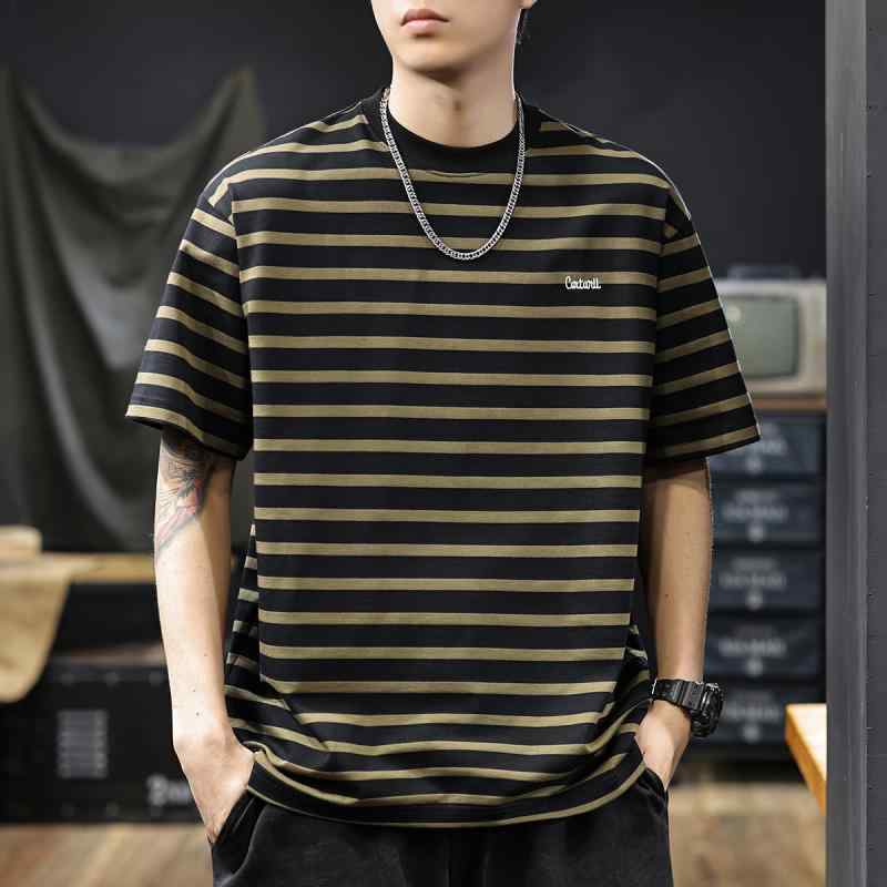 メンズ ファッション 服 男性用 オシャレ シンプル 大人 かっこいい ストリート アメリカン レトロ スタイル ヘビー コットン ストライプ 半袖 Tシャツ