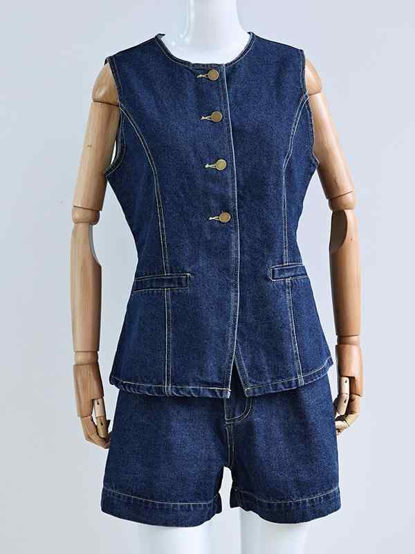 レディース デニム ショートパン セット 金属 ボタン スリット トップス 女性用 コットン ストレッチ カジュアル デニム 生地 ウエストゴム ポケット 軽量 通勤ウェア 普段使い デート
