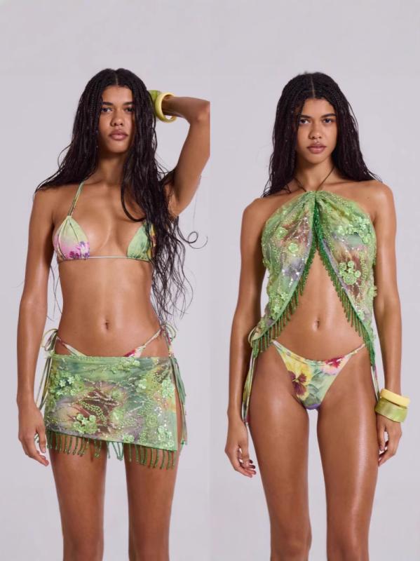 レディース ビキニ スカート セット 夏 女性用 立体 花柄 ビーズ ストラップ ネックストラップ フリンジ 2way トップ ボトム スイムウェア 水着 ビーズ飾り フリル ビーチ プール リゾート レジャー かわいい セクシー 軽量 速乾