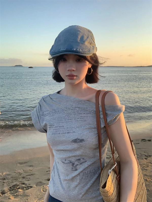 レディース Tシャツ 女性物 レトロ アメリカン スリム 斜め肩 半袖 夏 グレー トップス かわいい トップス スタイル 軽量 通勤ウェア 普段使い