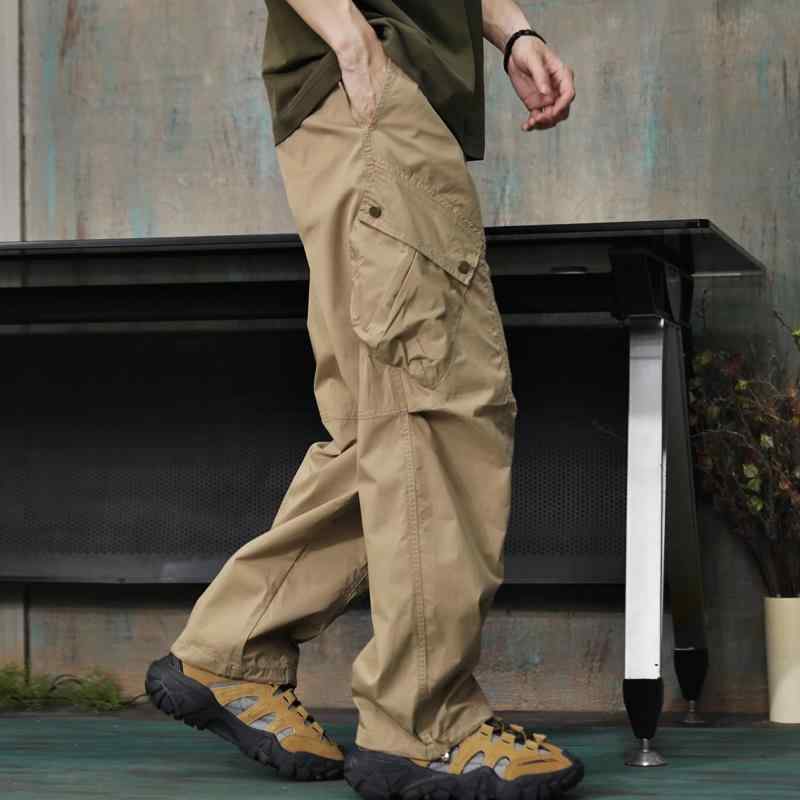 メンズ ファッション 服 男性用 オシャレ シンプル 大人 かっこいい ストリート 薄手 ゆったり パンツ ズボン 履物 ストレート ワイドレッグ カーキ