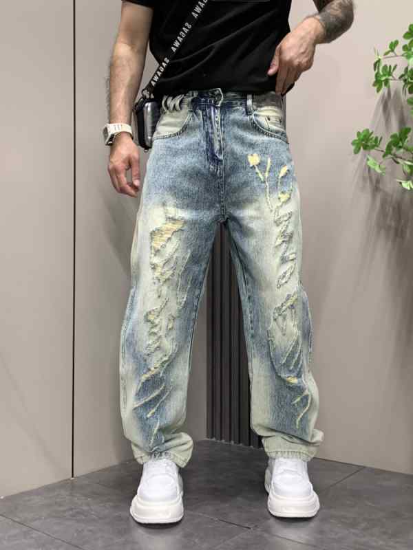 メンズ 流行り物 服 成人男性用 オシャレ 分かりやすい 成年者 かっこいい 表どおり  アメリカン ヨーロピアン リップド デニム 引っ切り無い ズボン下 ズボン 履きもの 惜しみ無い大いさ メンズファッション-ズボン・パンツ