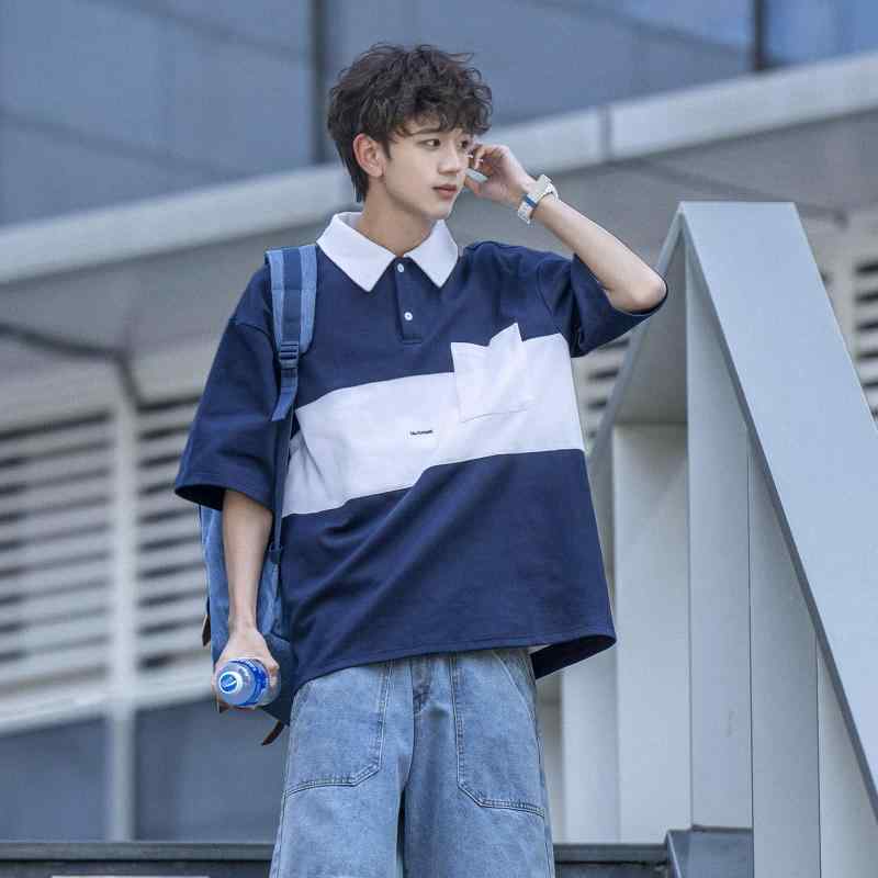メンズ ファッション 服 男性用 オシャレ シンプル 大人 かっこいい ストリート カラーマッチング ポケット ポロ シャツ 夏 ゆったり コントラスト Tシャツ 半袖