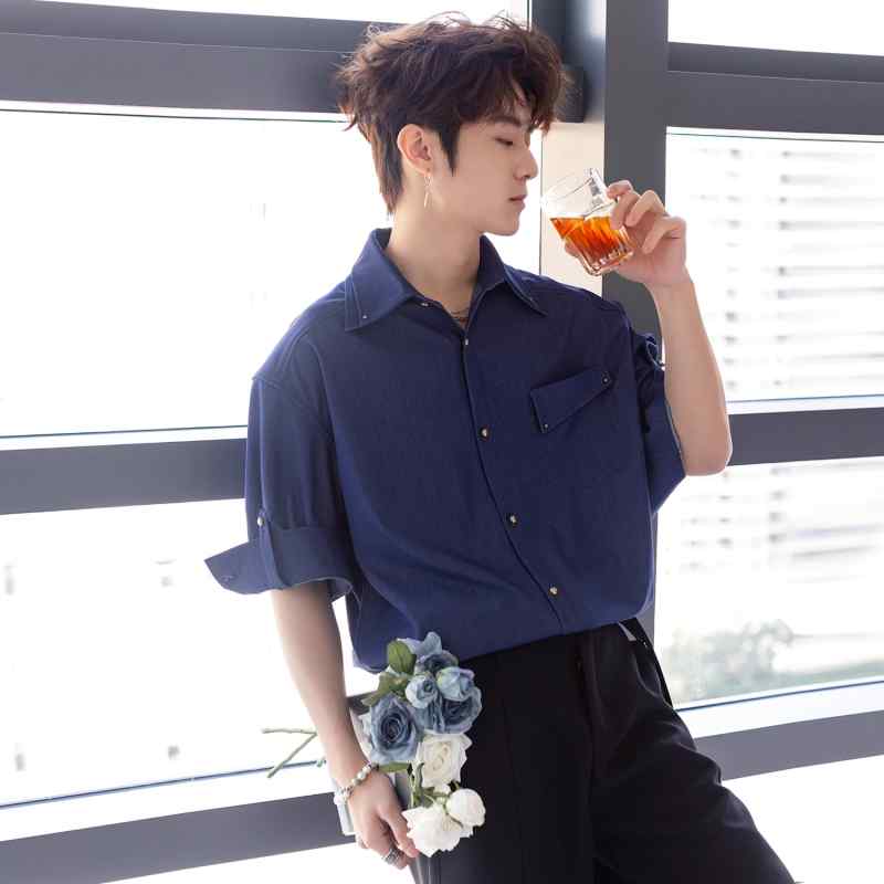 メンズ ファッション 服 男性用 オシャレ シンプル 大人 かっこいい ストリート 夏 ハイエンド 冷感 デニム シャツ 半袖 カジュアル シャツ