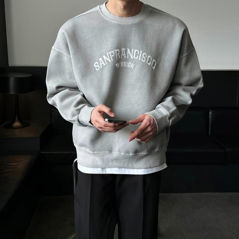メンズ ファッション 服 男性用 オシャレ シンプル 大人 かっこいい ストリート グレー 文字 プリント ラウンドネック スウェットシャツ アメリカン ハイエンド ドロップ ショルダー シャツ スウェット