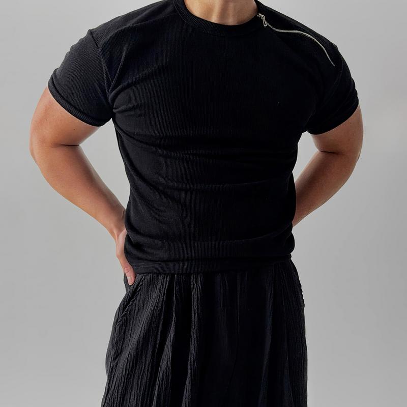 メンズ ファッション 服 男性用 オシャレ シンプル 大人 かっこいい ストリート ブラック 半袖 ニット Tシャツ 夏 アメリカン スリム ラウンドネック ハーフ ジッパー カジュアル トップ ｜リコット