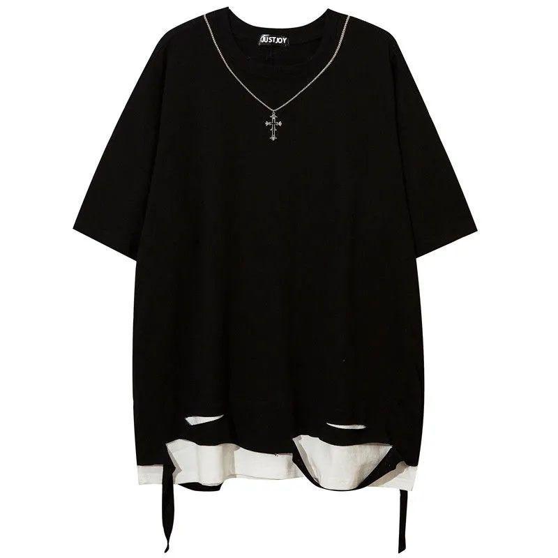 メンズ ファッション 服 男性用 オシャレ シンプル 大人 かっこいい ストリート 綿 大きいサイズ フェイク ツーピース ネックレス 半袖 Tシャツ カップル兼用 ヒップ ホップ