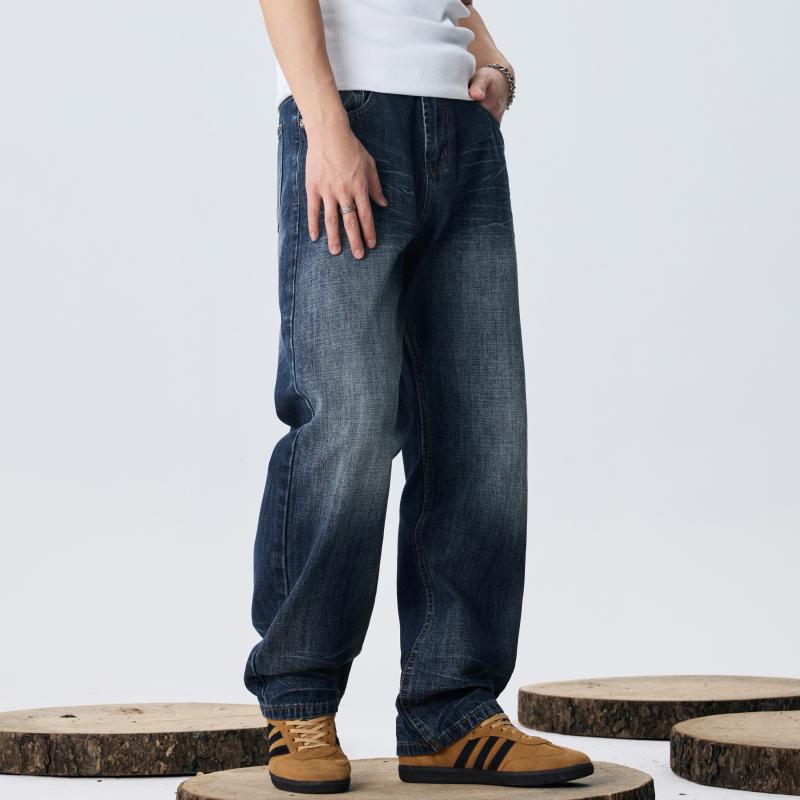 メンズ ファッション 服 男性用 オシャレ シンプル 大人 かっこいい ストリート 夏 ベーシック レトロ ブルーキャット ウィスカー ウォッシュ ストレート パンツ ポケット カジュアル デニムパンツ デニム