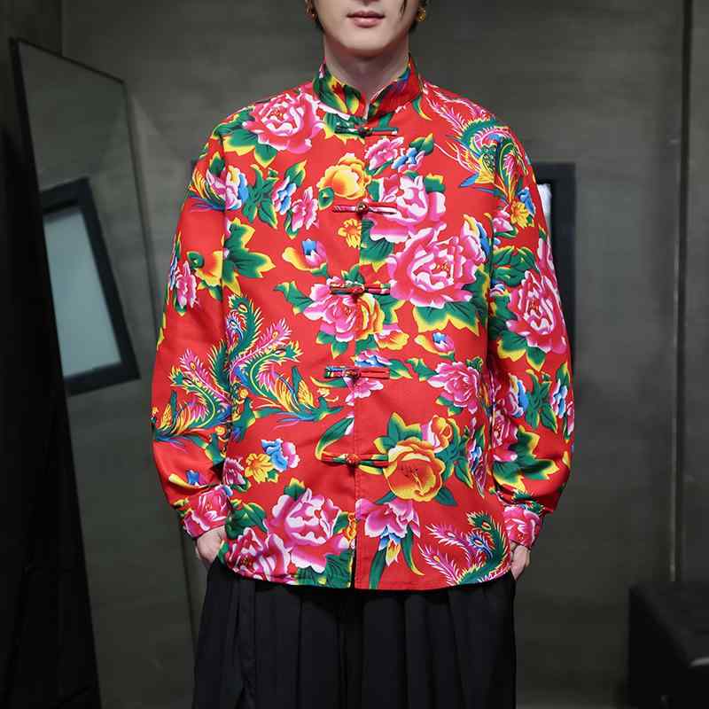 メンズ ファッション 服 男性用 オシャレ シンプル 大人 かっこいい ストリート 唐装 ボタン付き 花柄 トップ シャツ ウェディングドレス 花婿 付添人 サービス