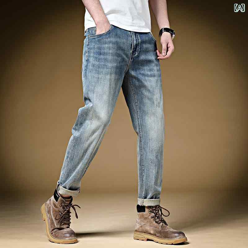 メンズ ファッション 服 男性用 オシャレ シンプル 大人 かっこいい ストリート 夏 ハイエンド 薄手 ジーンズ ウォッシュ加工 ブルー ゆったり 快適 デニム パンツ ズボン 履物 ｜リコット