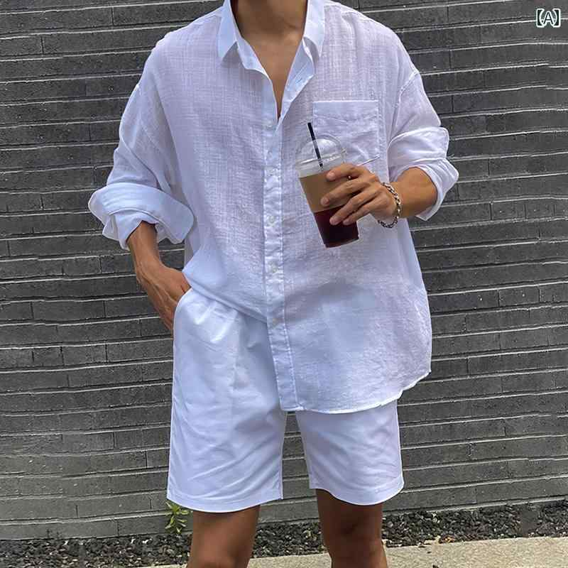 メンズ ファッション 服 男性用 オシャレ シンプル 大人 かっこいい ストリート 白 リネン 長袖 シャツ ゆったり 薄手 日焼け対策