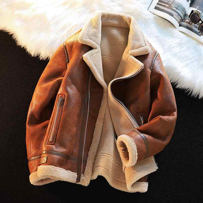 メンズ ファッション 服 男性用 オシャレ シンプル 大人 かっこいい ストリート ファー コットン コート 斜め ジッパー バイクウェア ラムスキン ジャケット