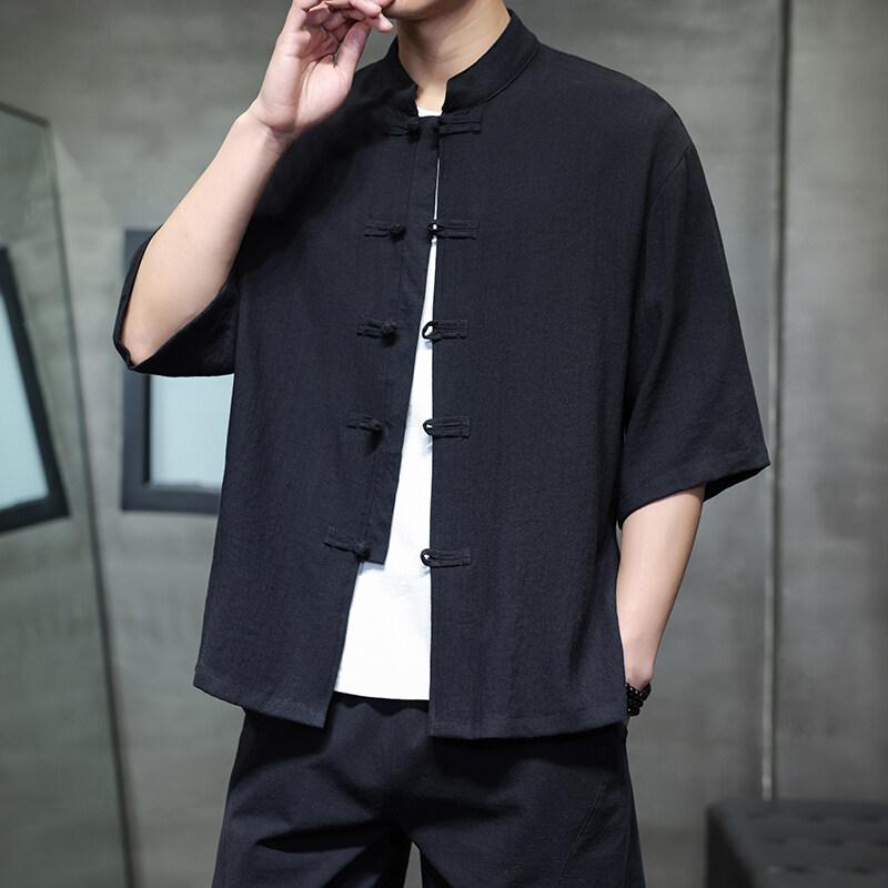 メンズ ファッション 服 男性用 オシャレ シンプル 大人 かっこいい ストリート 夏 カジュアル スタンドカラー ボタン 七分袖 シャツ 冷感