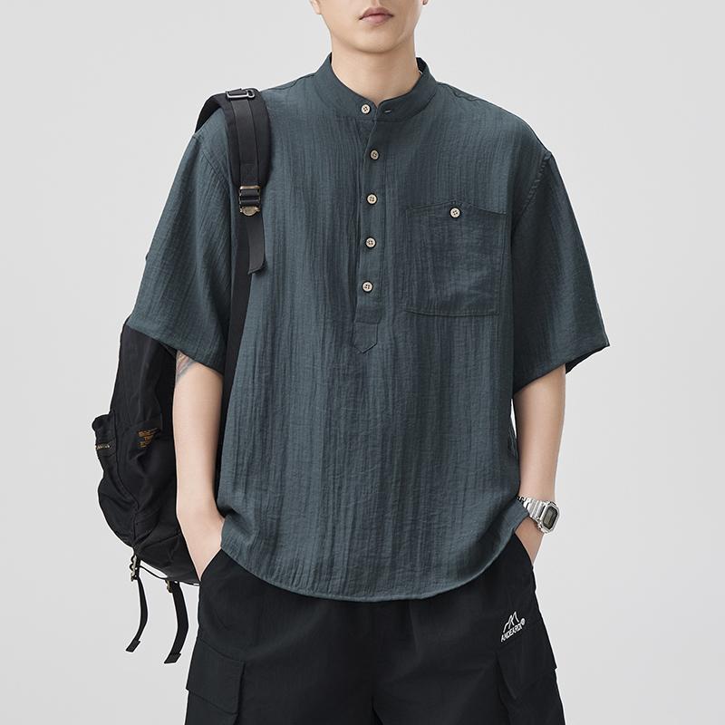 メンズ ファッション 服 男性用 オシャレ シンプル 大人 かっこいい ストリート レトロ リネン シャツ スタンドカラーコットン 半袖 ゆったり トップ