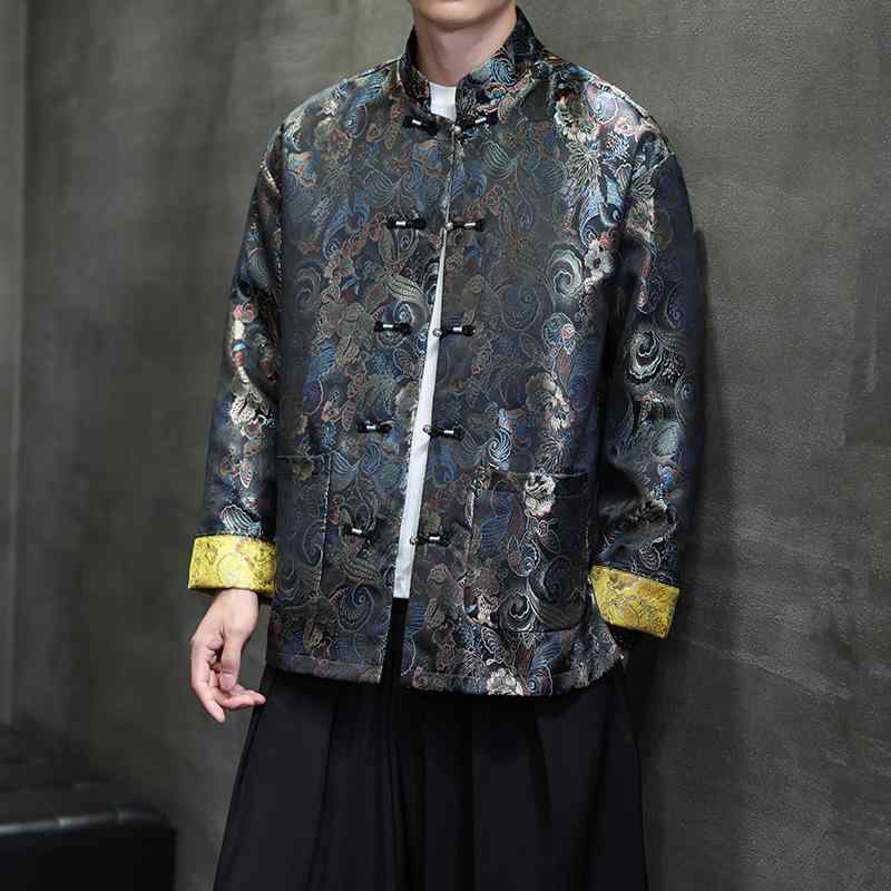 上衣 成人男性用 立領 ?扣 提花  ピン縞模様 綿織物混紡 生あたたかい 秋 冬 レトロ 心地好い 軽さ 伸縮性 伸ばすこと 通い 通学 普段使い