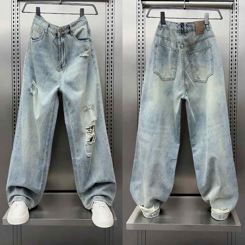 メンズ ファッション 服 男性用 オシャレ シンプル 大人 かっこいい ストリート 夏 アメリカン レトロ ダメージ ジーンズ ストレート パンツ ズボン 履物