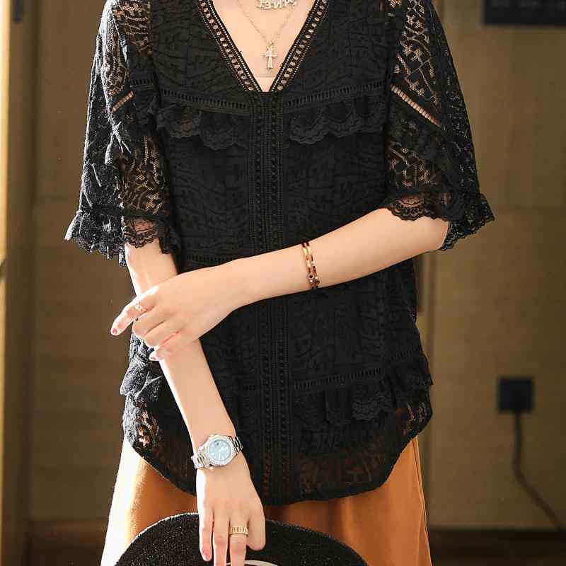 レディース ファッション 服 オシャレ カワイイ 女性用 シンプル 大きいサイズ ゆったり Vネック レース 半袖 シフォン トップス