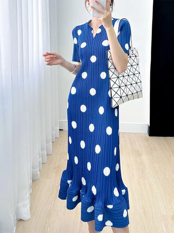 レディース ファッション 服 オシャレ カワイイ 女性用 シンプル プリーツ ドレス 水玉 プリント ゆったり Aライン スカート エレガント