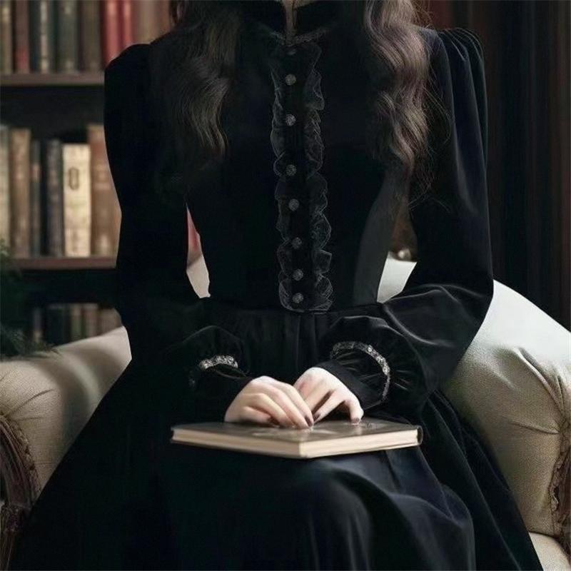 レディース 流行り物 服 オシャレ カワイイ 御上さん用 分かりやすい フレンチ レトロ 黒 天鵝絨 御召しもの 秋 寄り合い ロング スコート