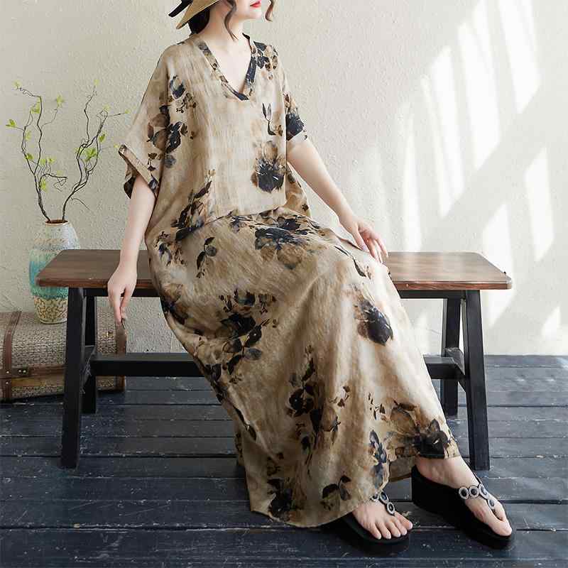 レディース ファッション 服 オシャレ カワイイ 女性用 シンプル ボヘミアン 半袖 ドレス 花柄 リネン ロング