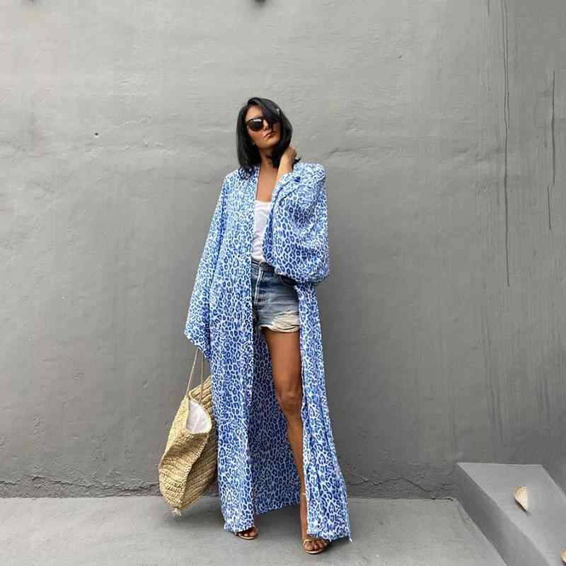 レディース ファッション 服 オシャレ カワイイ 女性用 シンプル 青 白 ヒョウ柄 カーディガン 綿 ドット フロアレングス 薄手 日焼け防止 ベルト ジャケット