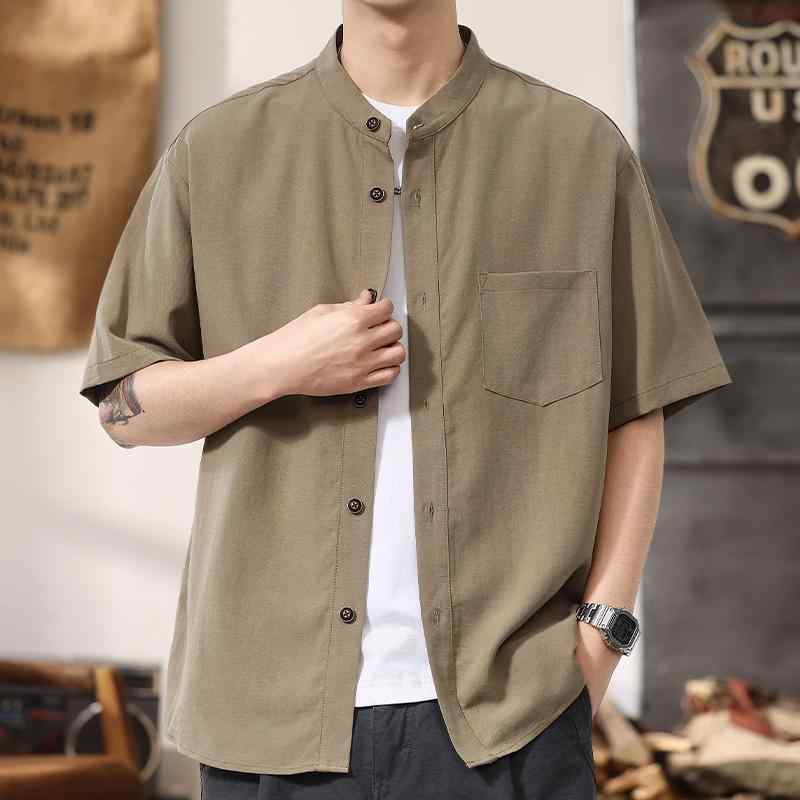 メンズ ファッション 服 男性用 オシャレ シンプル 大人 かっこいい ストリート レトロ 半袖 シャツ 夏 薄手 テンセル トップス タンドカラー リネン ジャケット シャツ