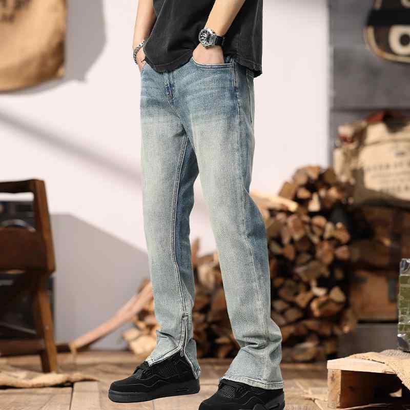 メンズ ファッション 服 男性用 オシャレ シンプル 大人 かっこいい ストリート ハイエンド レトロ ジーンズ 快適 ストレート ロング パンツ 袖口 クール ジッパー