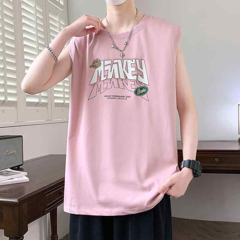 メンズ ファッション 服 男性用 オシャレ シンプル 大人 かっこいい ストリート 夏 ピンク ベスト ゆったり スポーツ フィットネス ウエスト コート アメリカン ノースリーブボトム Tシャツ