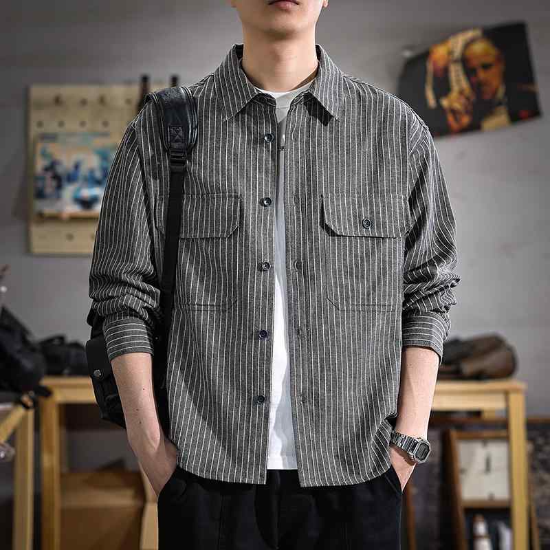 メンズ ファッション 服 男性用 オシャレ シンプル 大人 かっこいい ストリート ハイエンド レトロ リネン ストライプ 長袖 シャツ 快適 春 カジュアル シャツ ジャケット