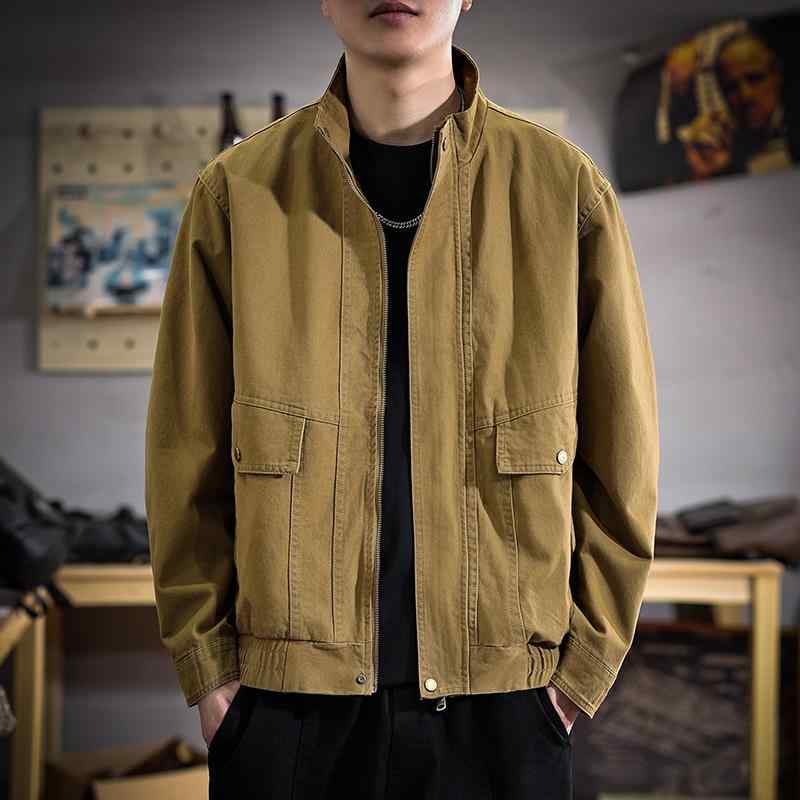 メンズ ファッション 服 男性用 オシャレ シンプル 大人 かっこいい ストリート カーキ アメリカン レトロ ワーク ウェア ジャケット コットン スタンドカラー トップ 春 カジュアル コート