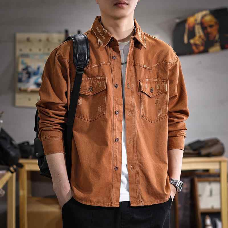 メンズ ファッション 服 男性用 オシャレ シンプル 大人 かっこいい ストリート カーキ アメリカン レトロ ウォッシュド ワーク ウェア シャツ 春 薄手 コットン アウトドア カジュアル シャツ ジャケット