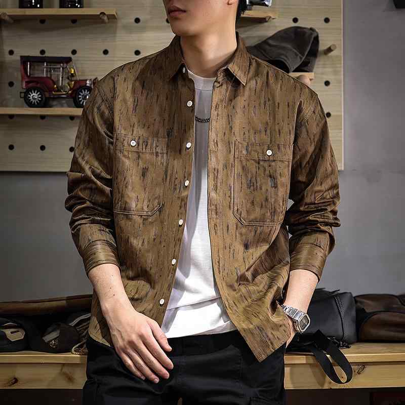 メンズ ファッション 服 男性用 オシャレ シンプル 大人 かっこいい ストリート 春 ハイエンド ブラウン シャツ 快適 アメリカン レトロ シャツ ジャケット