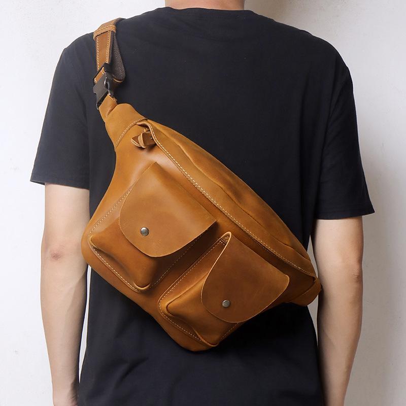 メンズ 鞄 カバン バック ファッション オシャレ アイテム 小物 革 バッグ メンズ レトロ レザー ウエスト レジャー 大容量 牛革 チェスト 多機能 メッセンジャー バッグ |リコット