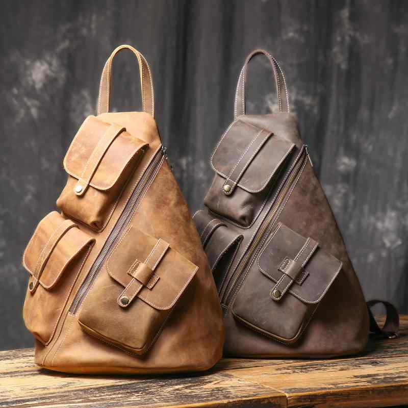 メンズ 鞄 カバン バック ファッション オシャレ アイテム 小物 多機能 レザー メンズ チェスト バッグ レトロ 牛革 バック パック クロス ボディ レジャー 大容量 旅行 |リコット