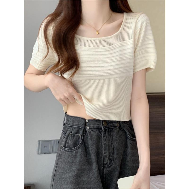 秋コーデ レディース ファッション フレンチスクエア ネック ストレート ショルダー ニット 半袖 Tシャツ 大きいサイズ スリム トップス